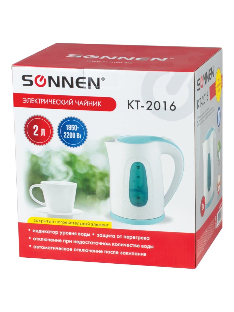 Чайник SONNEN KT-2016, 2 л, 2200 Вт, закрытый нагревательный элемент, пластик, белый/голубой, 453417