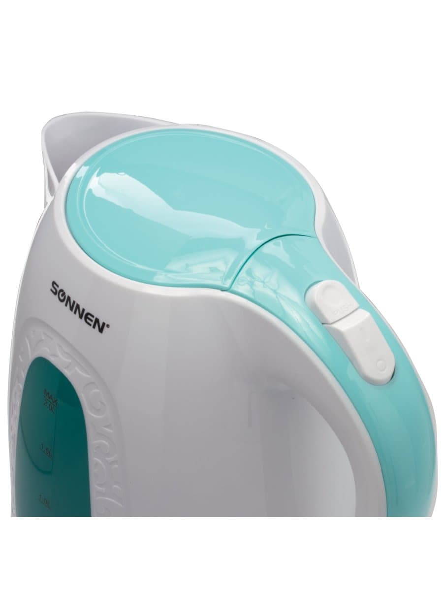 Чайник SONNEN KT-2016, 2 л, 2200 Вт, закрытый нагревательный элемент, пластик, белый/голубой, 453417