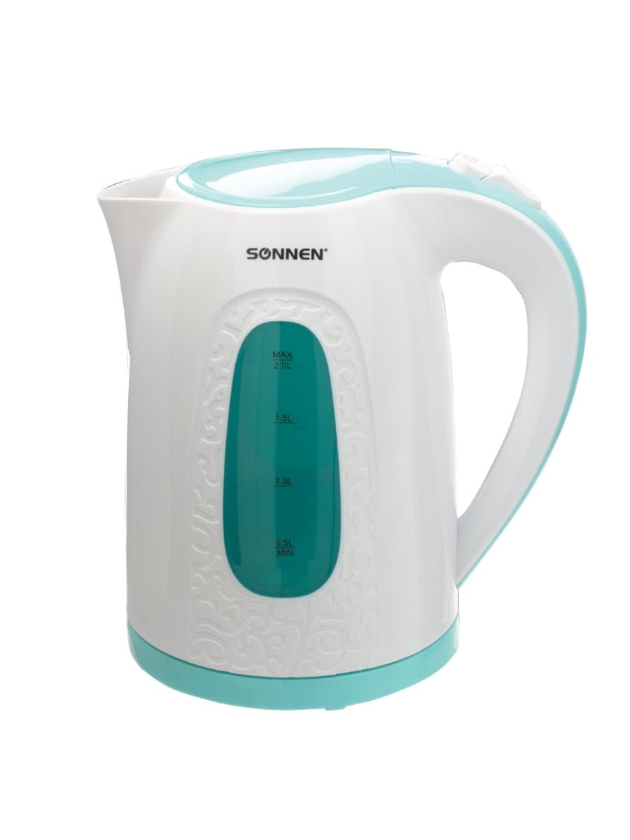 Чайник SONNEN KT-2016, 2 л, 2200 Вт, закрытый нагревательный элемент, пластик, белый/голубой, 453417