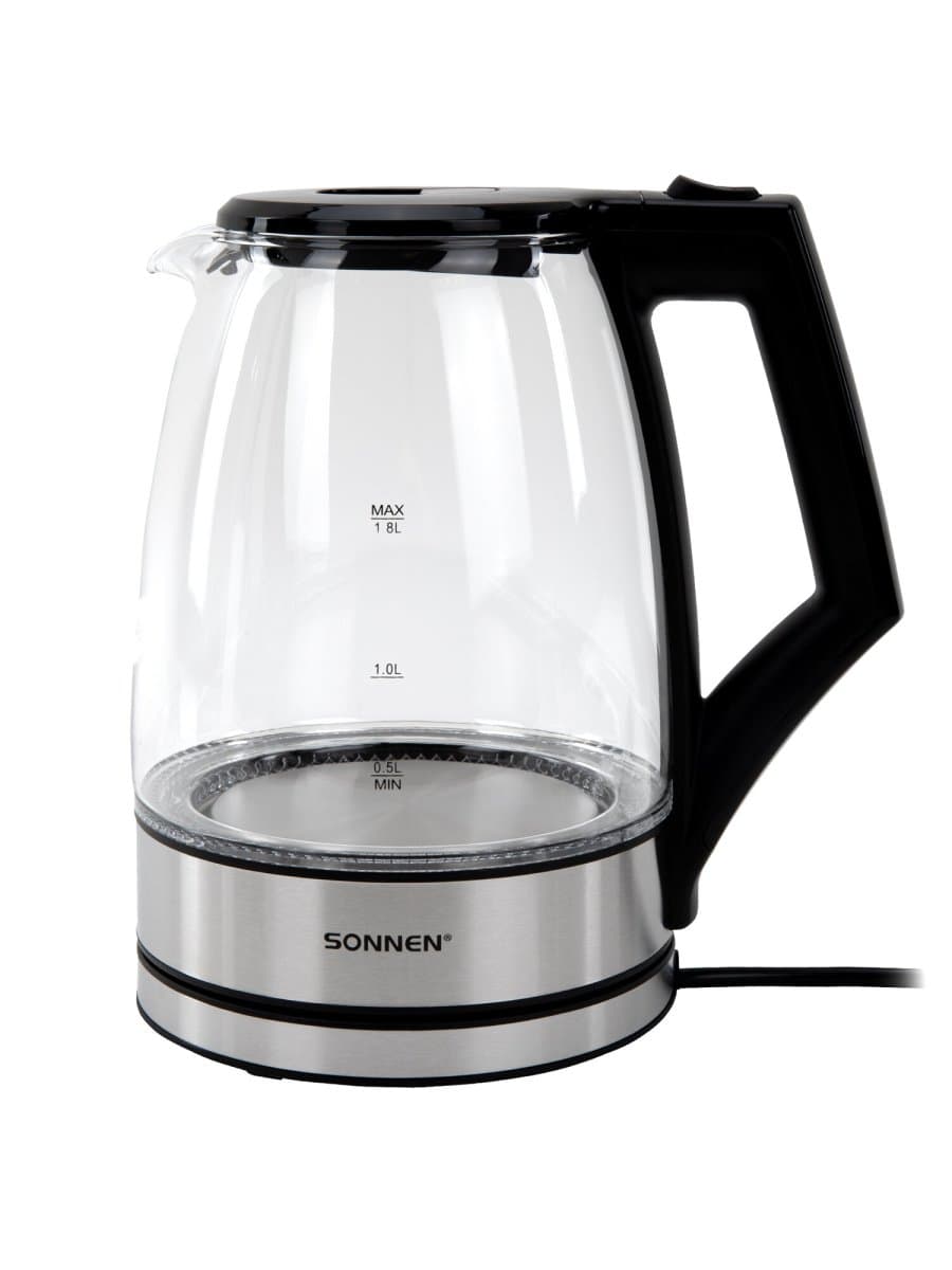 Чайник электрический SONNEN KT-1807, 1,8 л, 2200 Вт, термостойкое стекло, внутренняя подсветка синяя, нержавеющая сталь, 455140