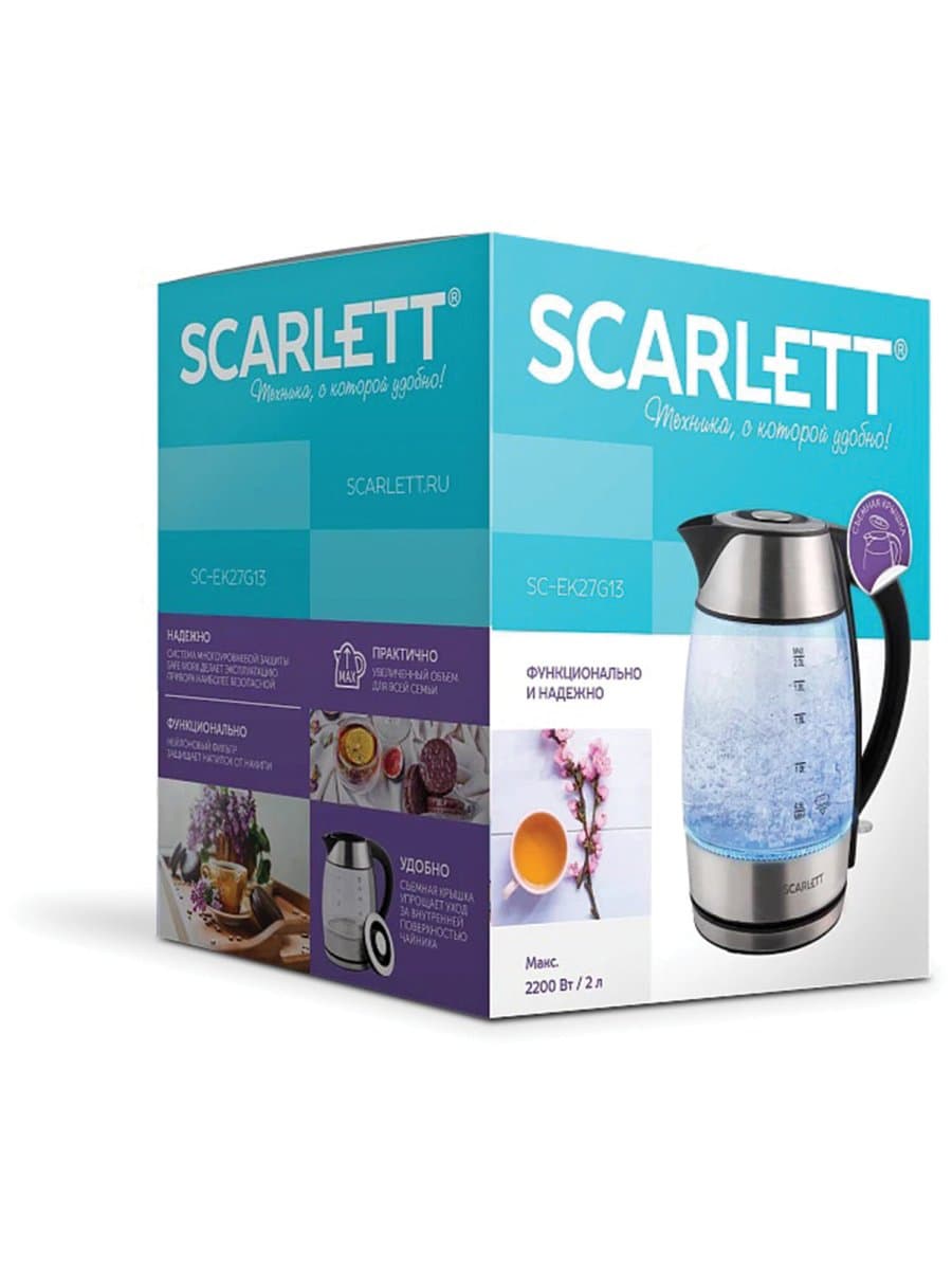 Чайник SCARLETT SC-EK27G13, 2 л, 2200 Вт, закрытый нагревательный элемент, стекло, стальной