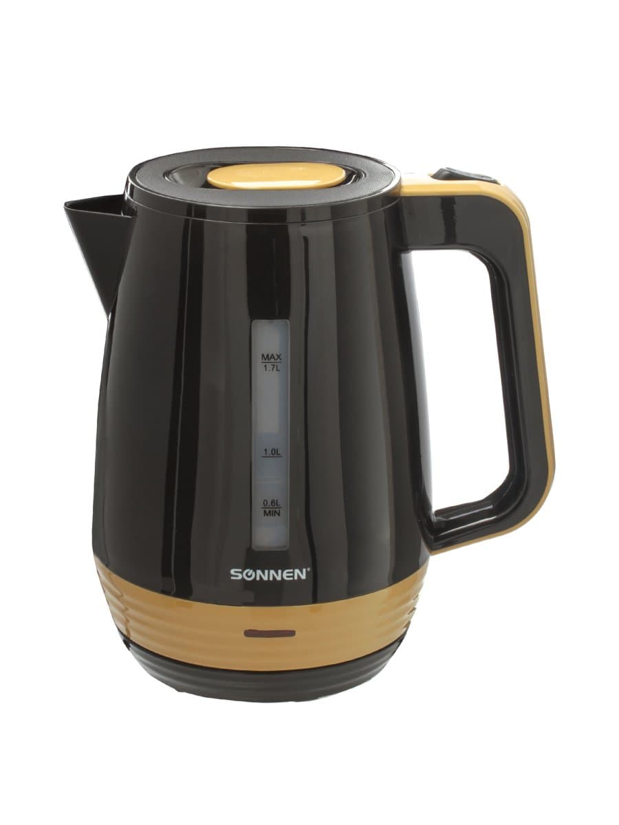 Чайник SONNEN KT-1776, 1,7 л, 2200 Вт, закрытый нагревательный элемент, пластик, черный/горчичный, 453418