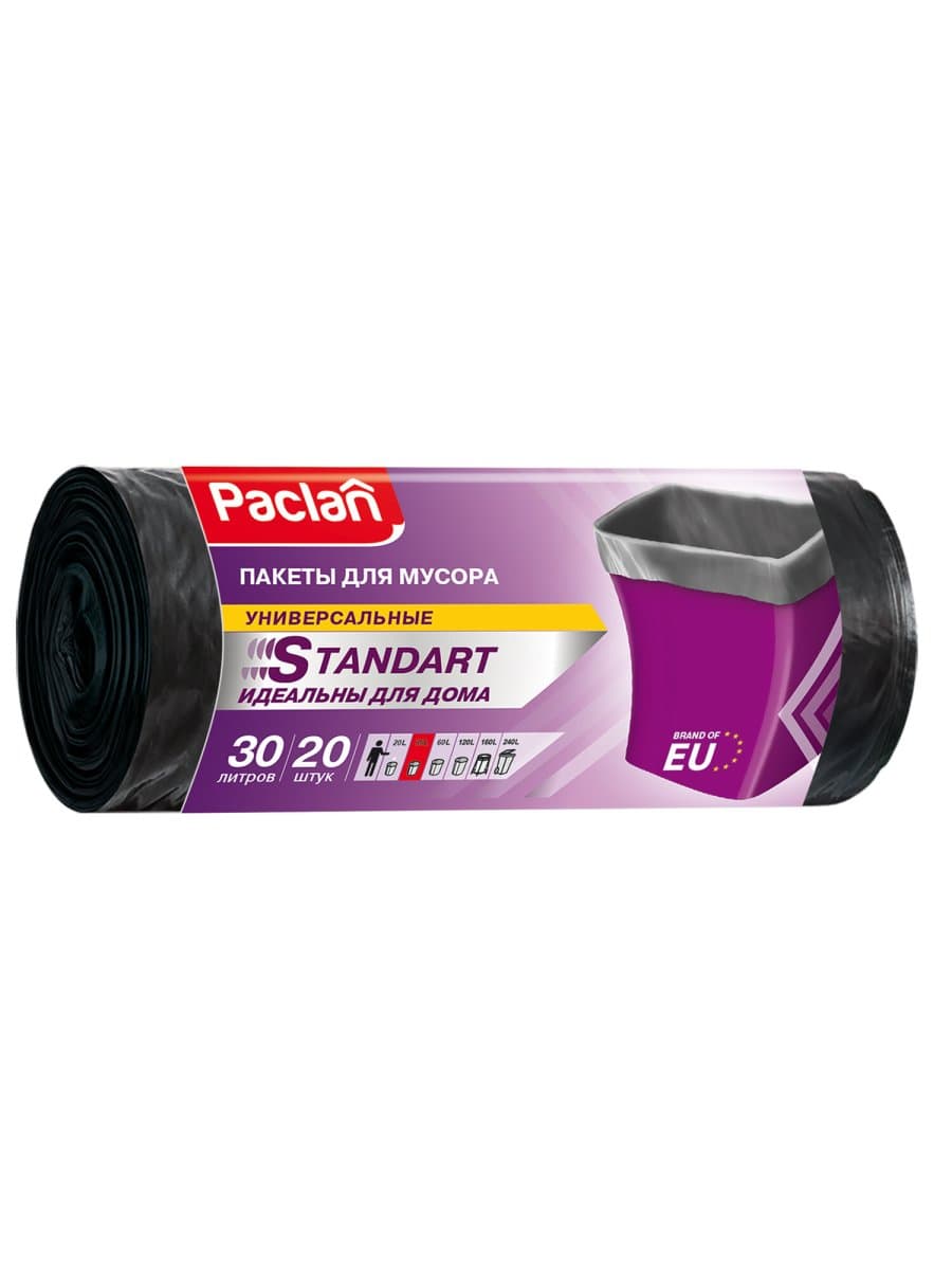 Мешки для мусора 30 л, черные, в рулоне 20 шт., ПНД, 7,3 мкм, 50х60 см, PACLAN "Standart", 403211