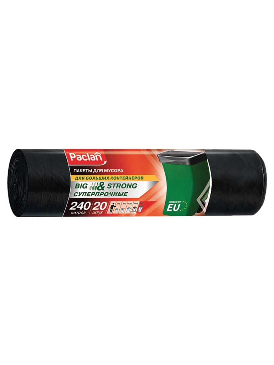 Мешки для мусора 240 л, черные, в рулоне 20 шт., ПВД, 35 мкм, 130х90 см, PACLAN "Big and Strong", 402209