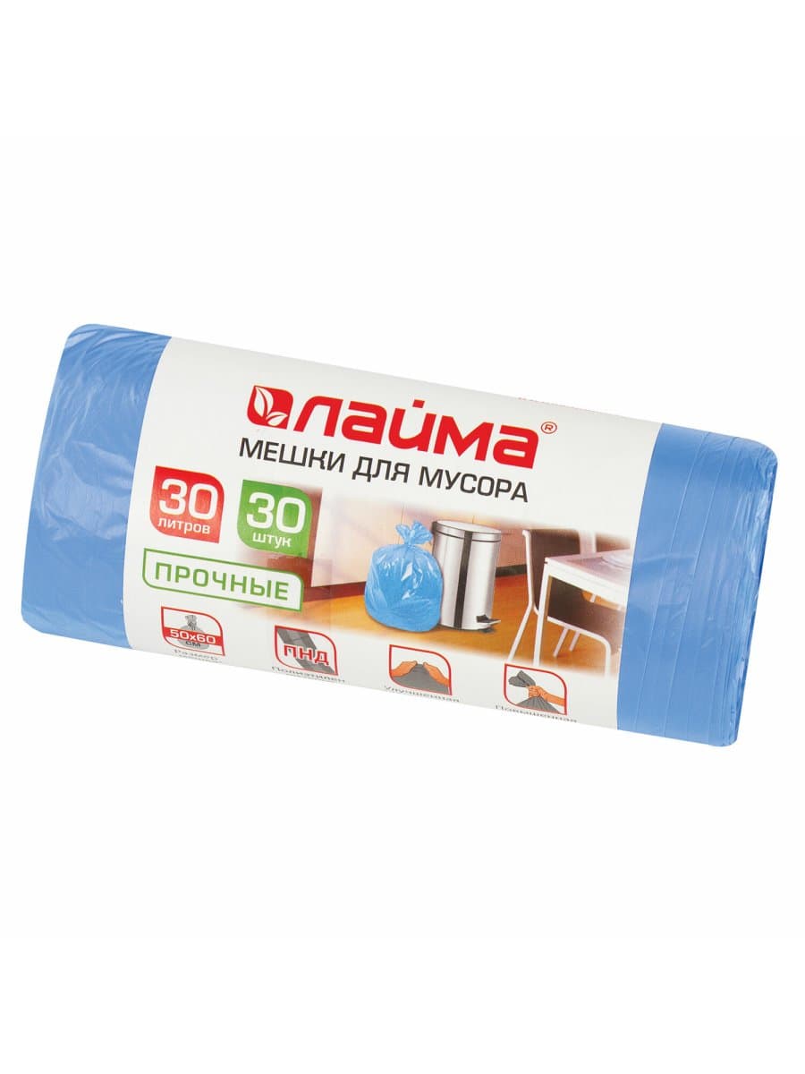 Мешки для мусора 30 л синие в рулоне 30 шт. прочные, ПНД 10 мкм, 50х60 см, LAIMA, 601378