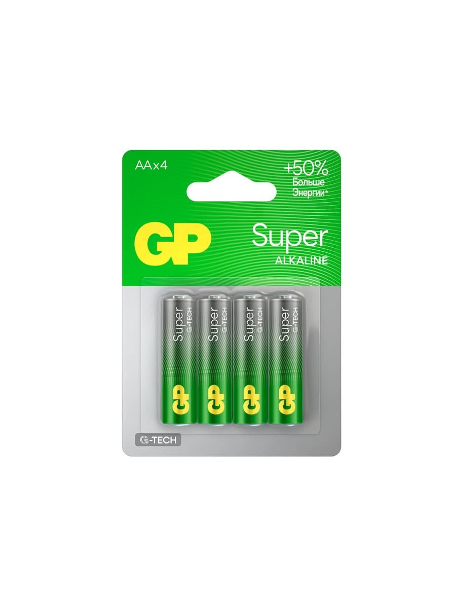 Батарейки КОМПЛЕКТ 4 шт., GP Super G-Tech, AA (LR6, 15А), алкалиновые, пальчиковые, блистер, 15A-2CR4