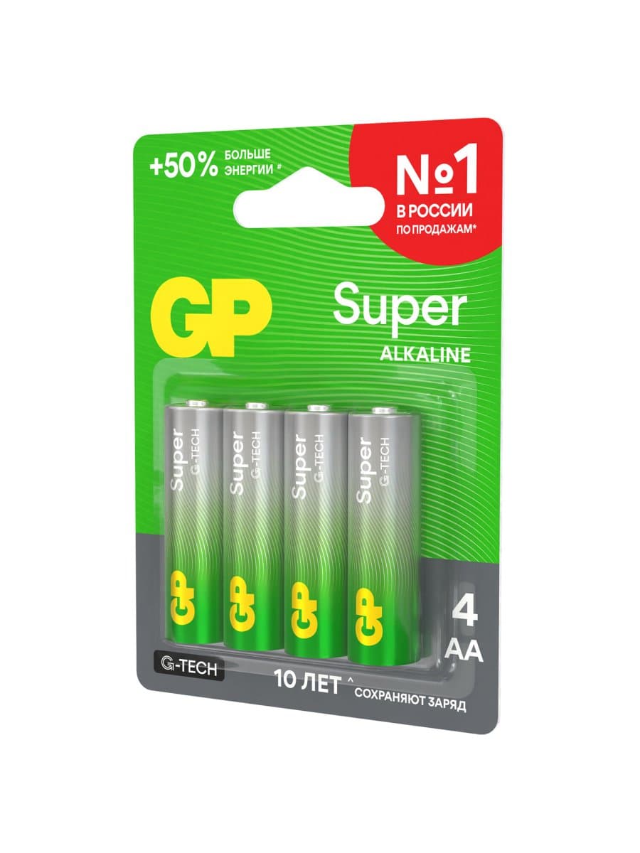 Батарейки КОМПЛЕКТ 4 шт., GP Super G-Tech, AA (LR6, 15А), алкалиновые, пальчиковые, блистер, 15A-2CR4