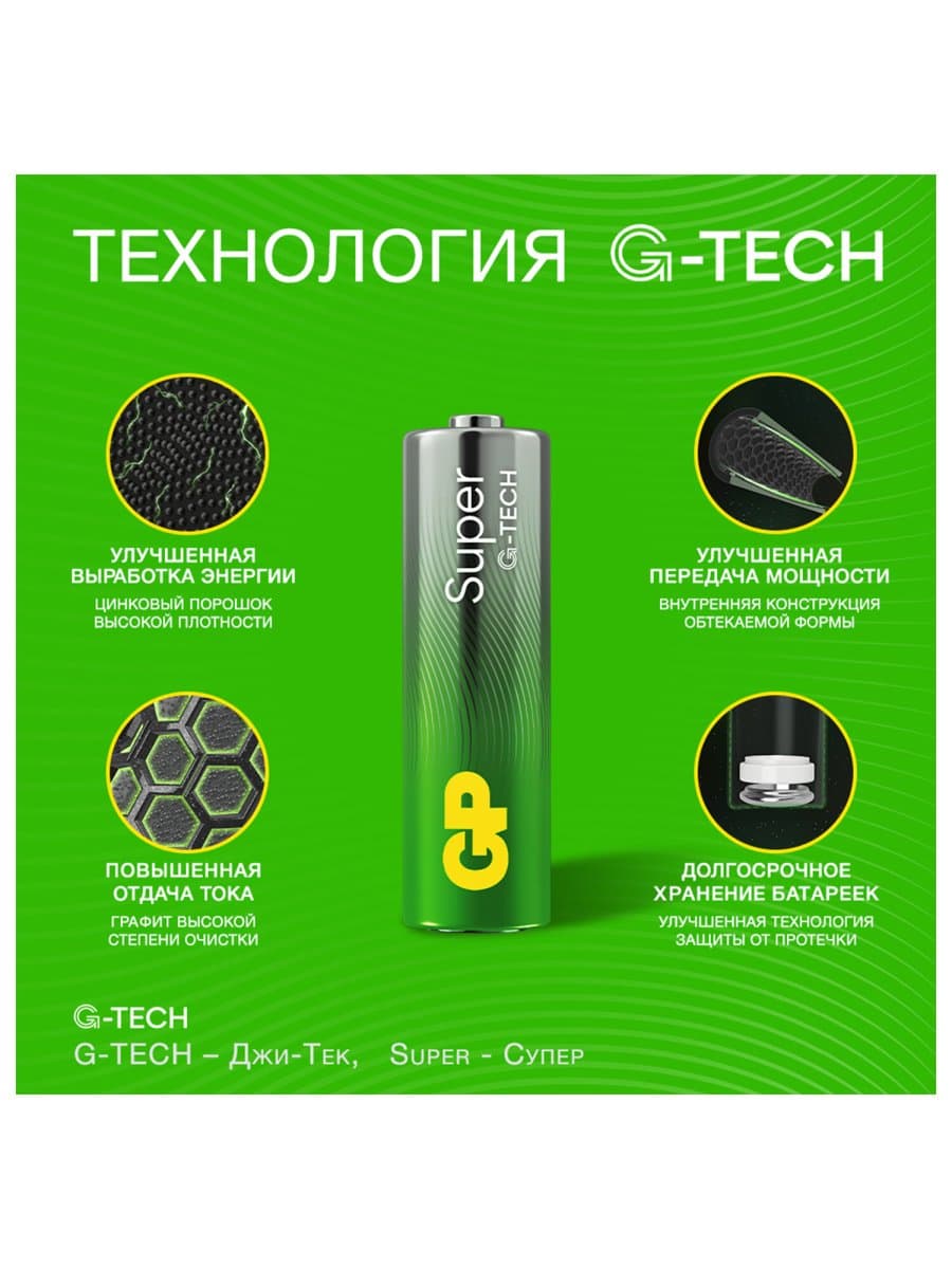 Батарейки КОМПЛЕКТ 4 шт., GP Super G-Tech, AA (LR6, 15А), алкалиновые, пальчиковые, блистер, 15A-2CR4
