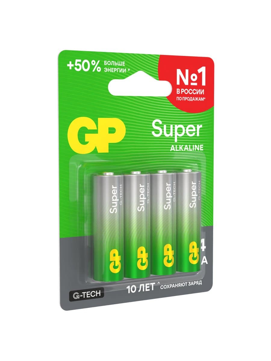 Батарейки КОМПЛЕКТ 4 шт., GP Super G-Tech, AA (LR6, 15А), алкалиновые, пальчиковые, блистер, 15A-2CR4