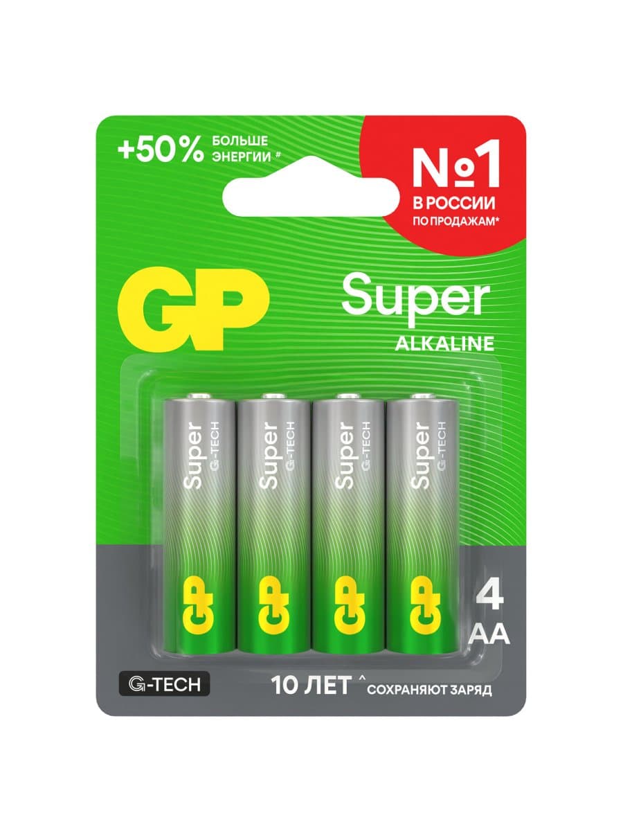 Батарейки КОМПЛЕКТ 4 шт., GP Super G-Tech, AA (LR6, 15А), алкалиновые, пальчиковые, блистер, 15A-2CR4