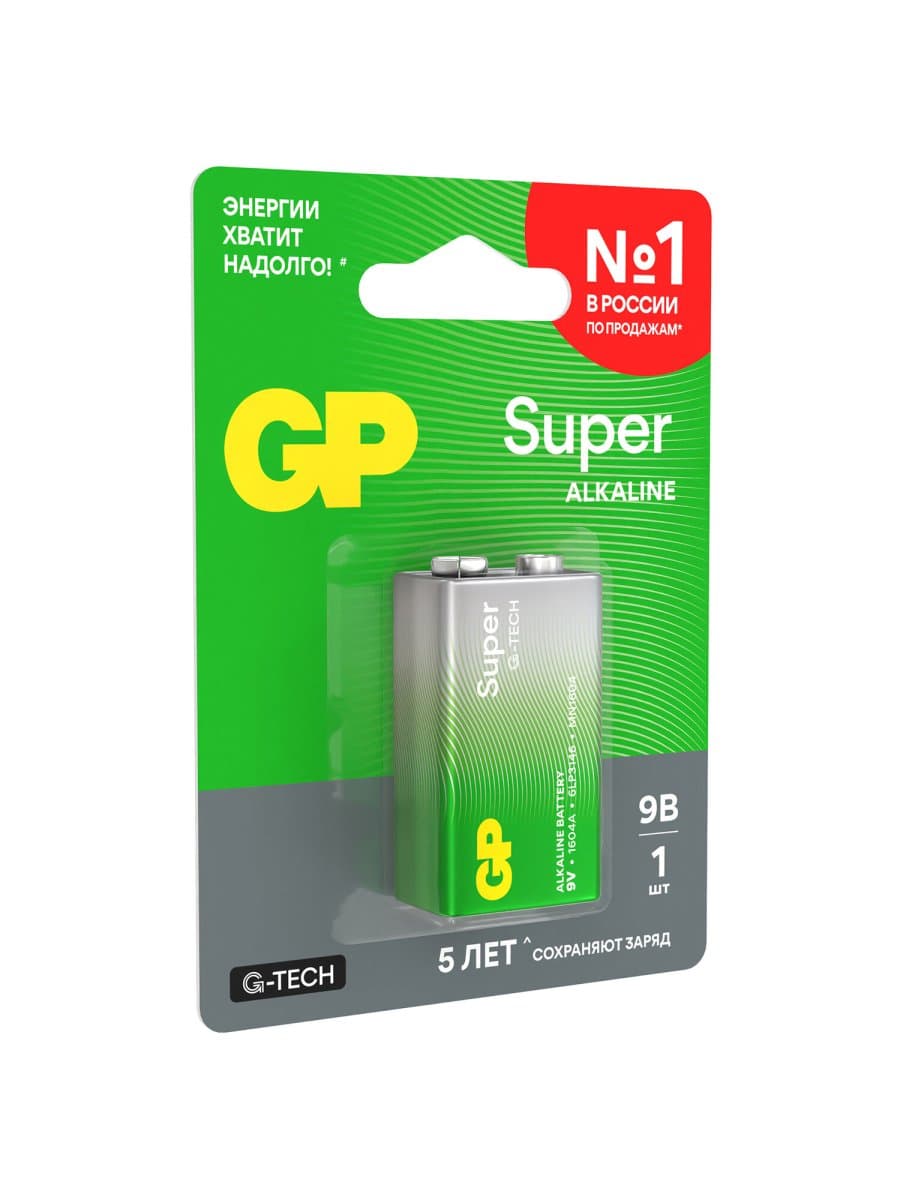 Батарейка 1 шт., GP Super G-Tech, Крона (6LR61, 6LF22, 1604A), алкалиновая, блистер, 1604A-5CR1, 1604A-BC1
