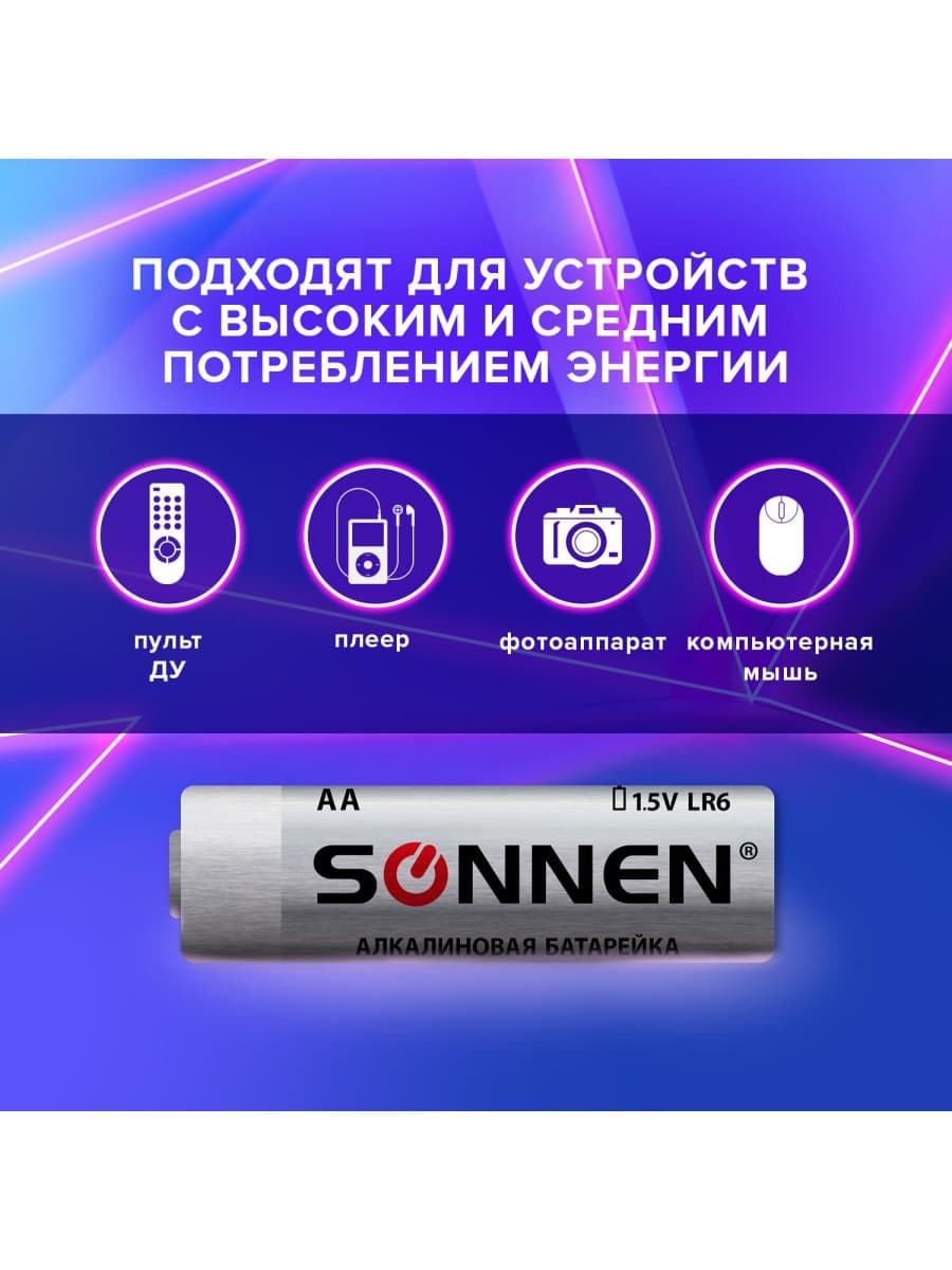 Батарейки КОМПЛЕКТ 4 шт., SONNEN Alkaline, АА (LR6, 15А), алкалиновые, пальчиковые, блистер, 451085