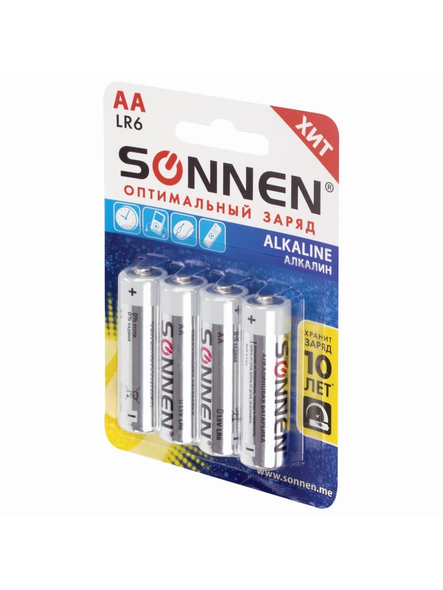 Батарейки КОМПЛЕКТ 4 шт., SONNEN Alkaline, АА (LR6, 15А), алкалиновые, пальчиковые, блистер, 451085