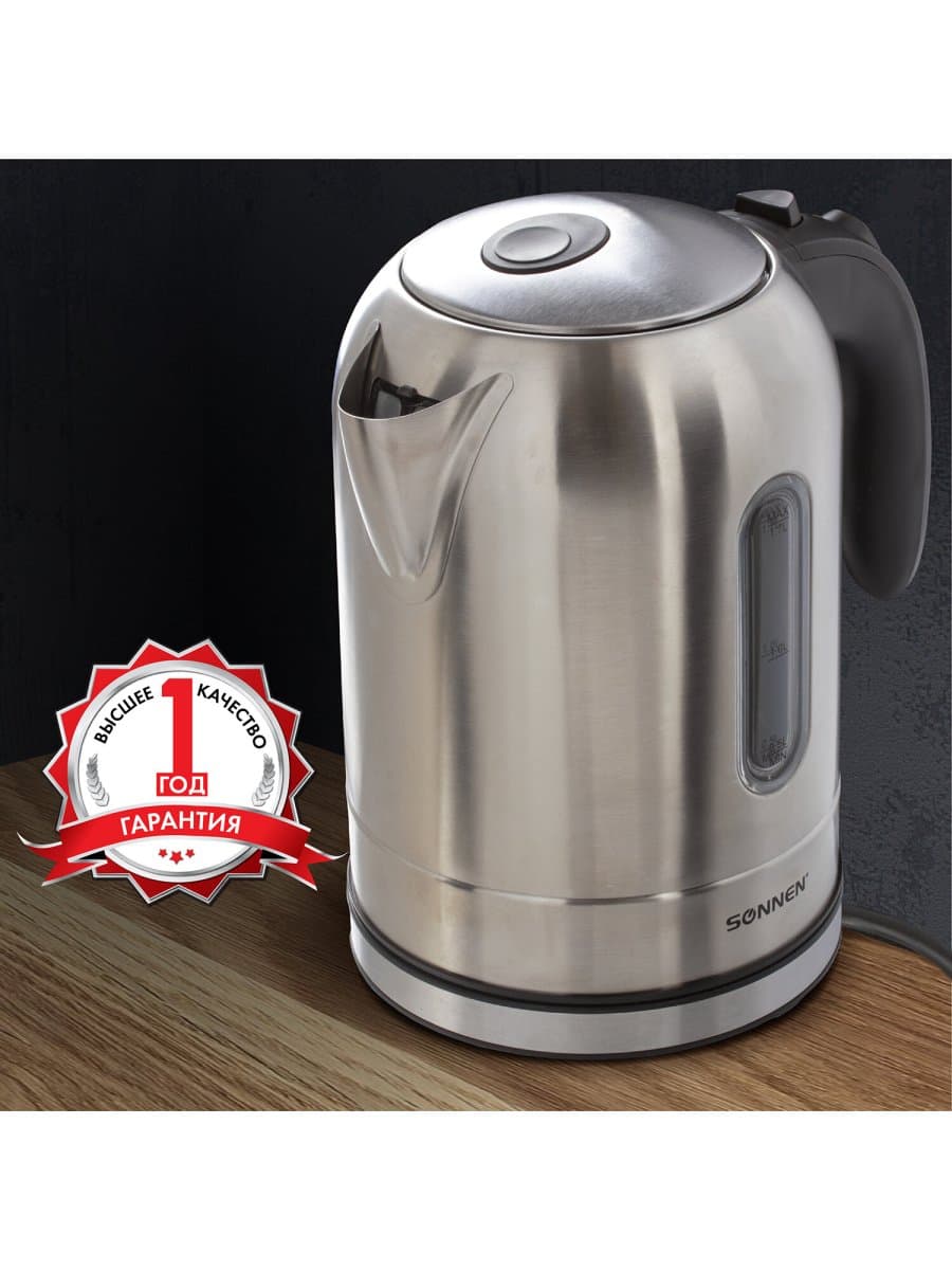 Чайник SONNEN KT-1755, 1,7 л, 2200 Вт, закрытый нагревательный элемент, нержавеющая сталь, 453419