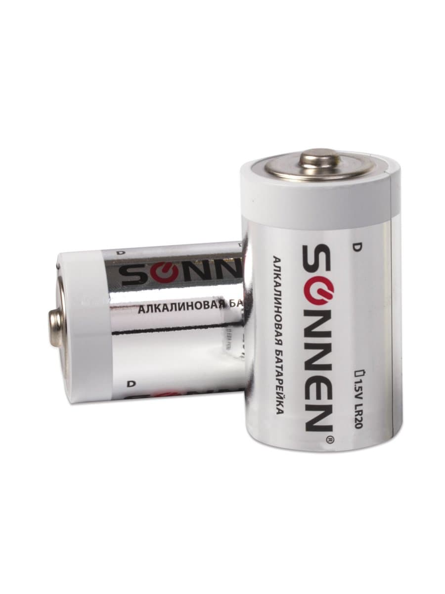 Батарейки КОМПЛЕКТ 2 шт, SONNEN Alkaline, D (LR20, 13А), алкалиновые, в блистере, 451091