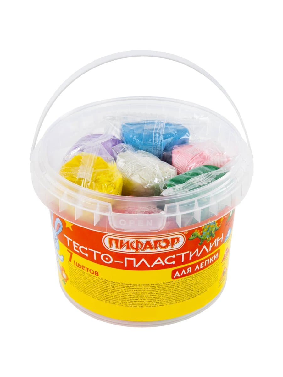 Пластилин на растительной основе (тесто для лепки) ПИФАГОР, 7 цветов, 420 г, пластиковое ведро, 104545