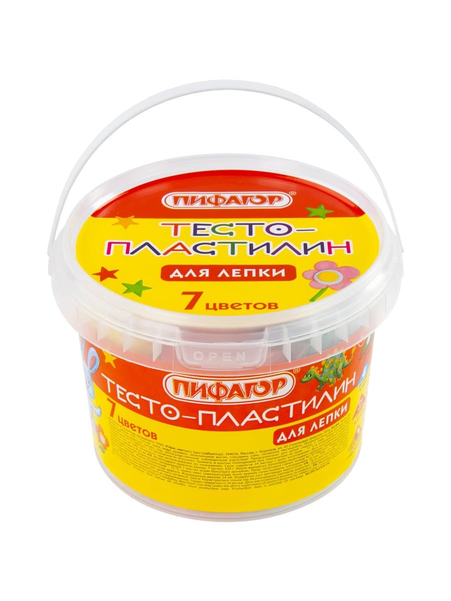 Пластилин на растительной основе (тесто для лепки) ПИФАГОР, 7 цветов, 420 г, пластиковое ведро, 104545