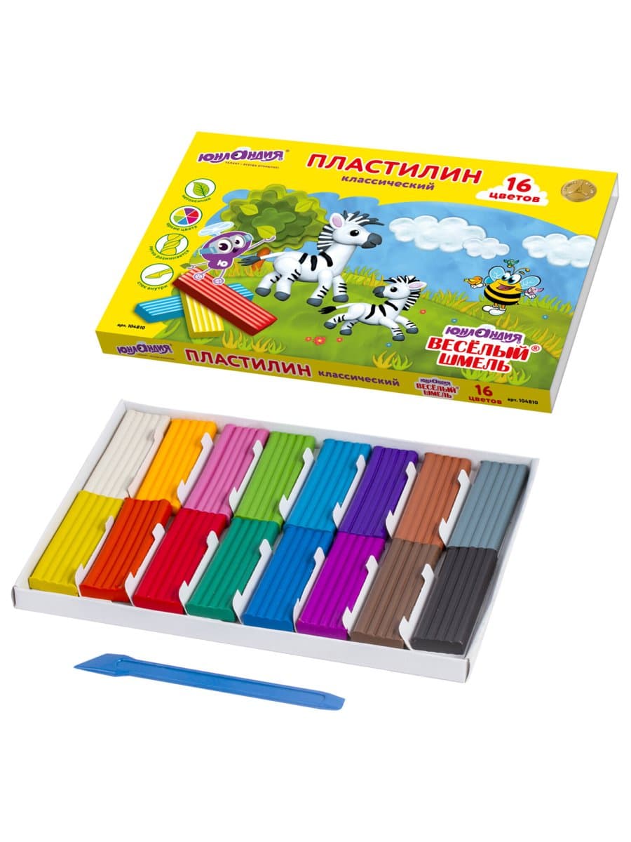 Пластилин классический ЮНЛАНДИЯ "ВЕСЁЛЫЙ ШМЕЛЬ", 16 цветов, 240 г, СО СТЕКОМ, 104810