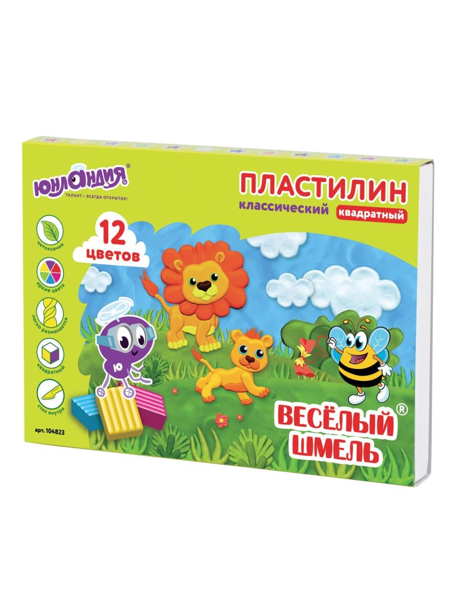Пластилин классический ЮНЛАНДИЯ "ВЕСЁЛЫЙ ШМЕЛЬ", 12 цветов, 204 г, СО СТЕКОМ, КВАДРАТНЫЙ, 104823