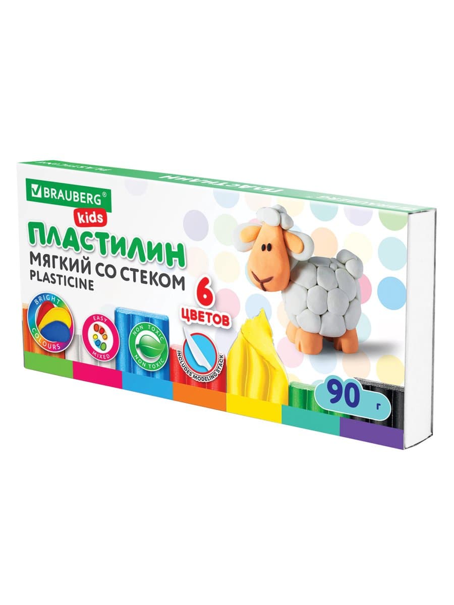 Пластилин мягкий восковой BRAUBERG KIDS, 6 цветов, 90 г, со стеком, 106493