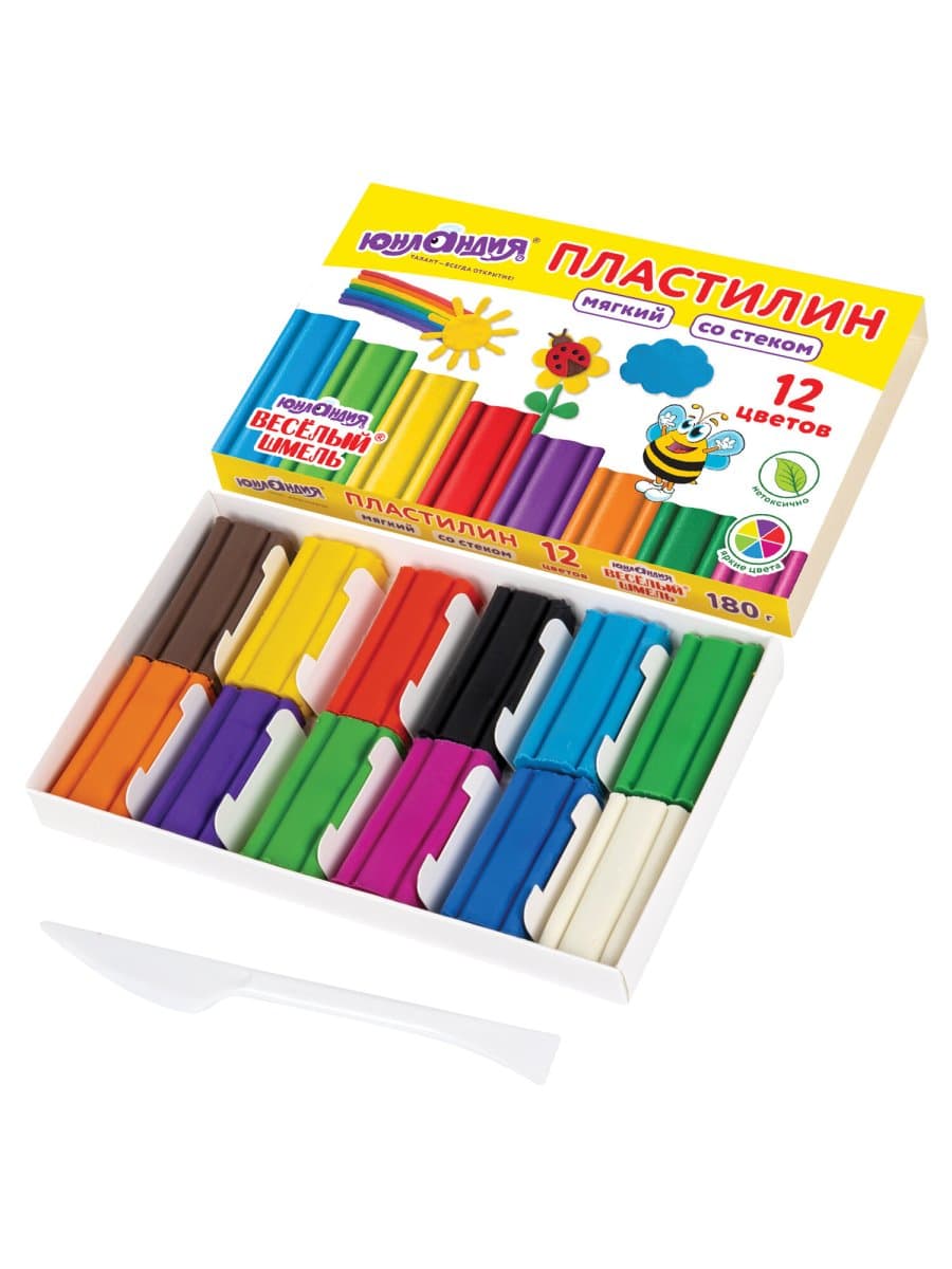 Пластилин мягкий ЮНЛАНДИЯ "ВЕСЕЛЫЙ ШМЕЛЬ", 12 цветов, 180 г, СО СТЕКОМ, 106672