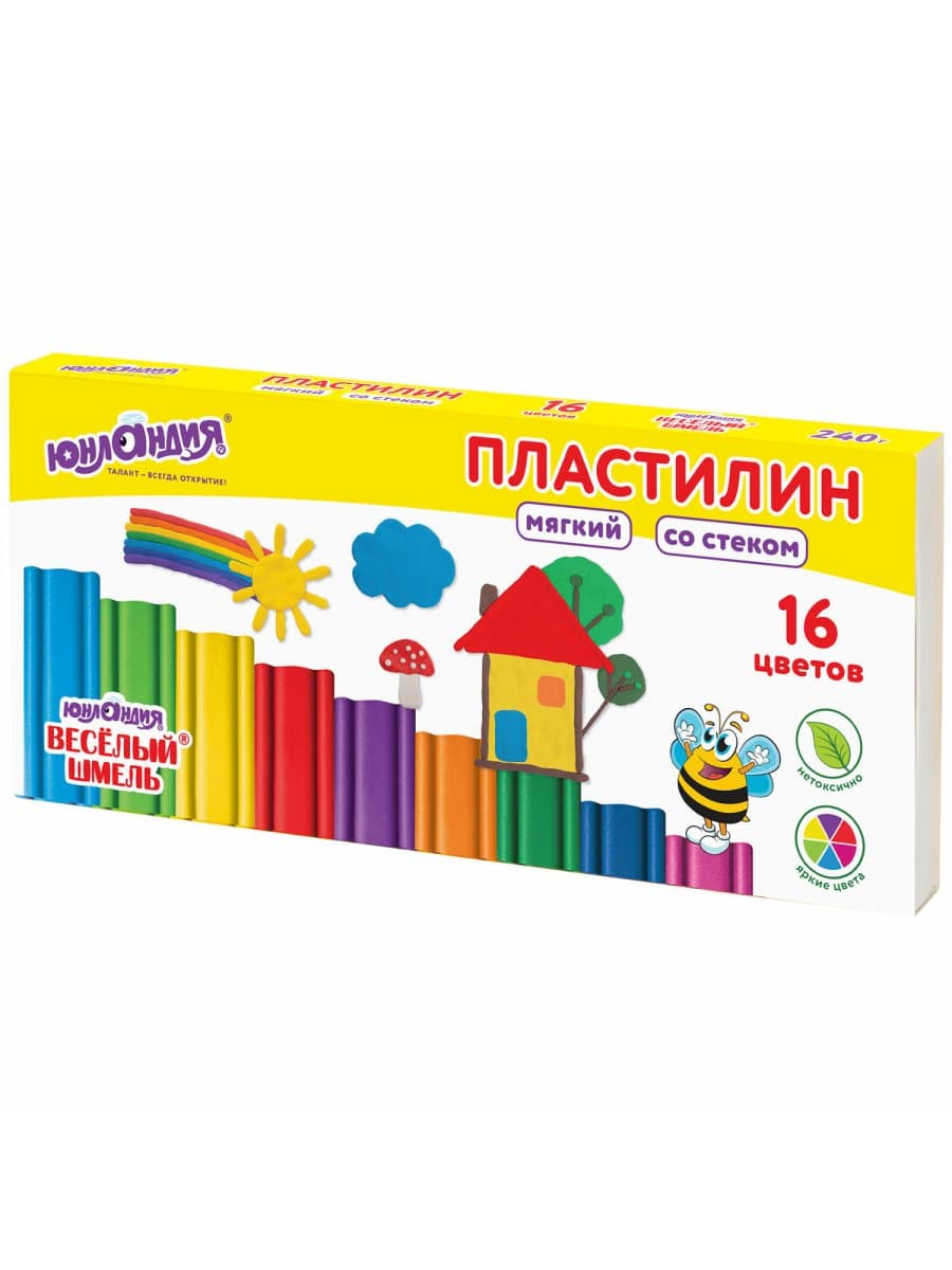 Пластилин мягкий ЮНЛАНДИЯ "ВЕСЕЛЫЙ ШМЕЛЬ", 16 цветов, 240 г, СО СТЕКОМ, 106673