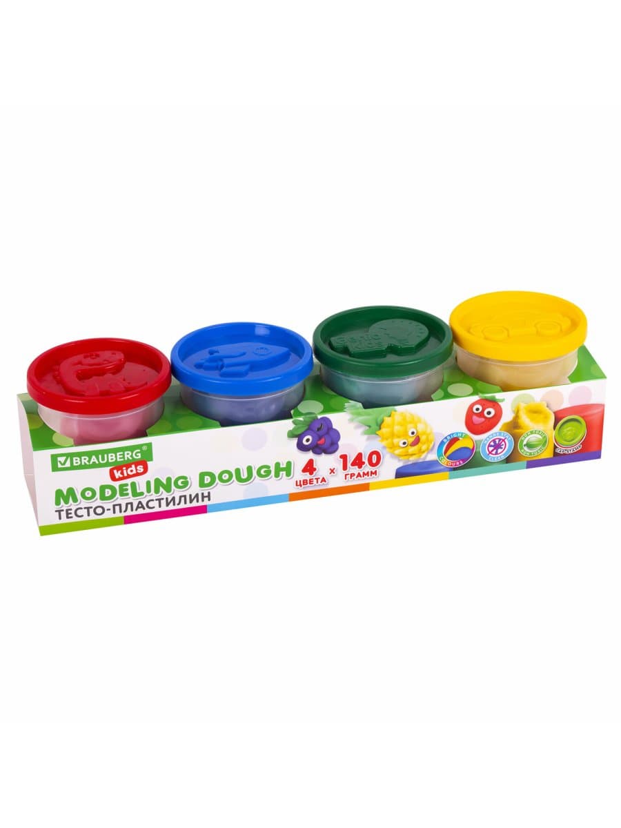 Пластилин-тесто для лепки BRAUBERG KIDS, 4 цвета, 560 г, яркие классические цвета, крышки-штампики, 106715