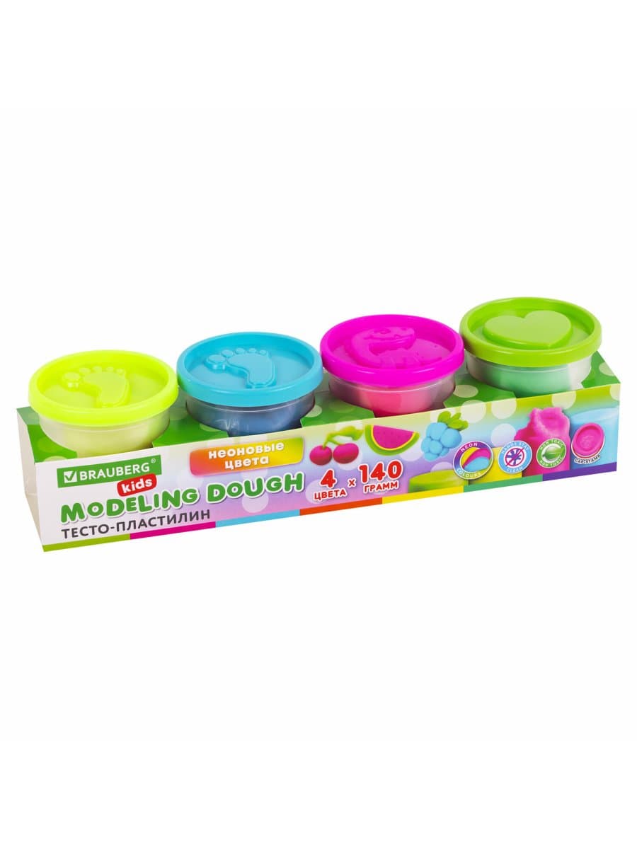 Пластилин-тесто для лепки BRAUBERG KIDS, 4 цвета, 560 г, яркие неоновые цвета, крышки-штампики, 106716