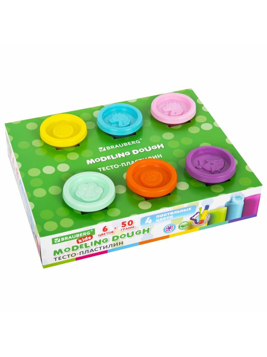 Пластилин-тесто для лепки BRAUBERG KIDS, 6 цветов, 300 г, 10 формочек, шприц, стек, крышки-штампики, 106719