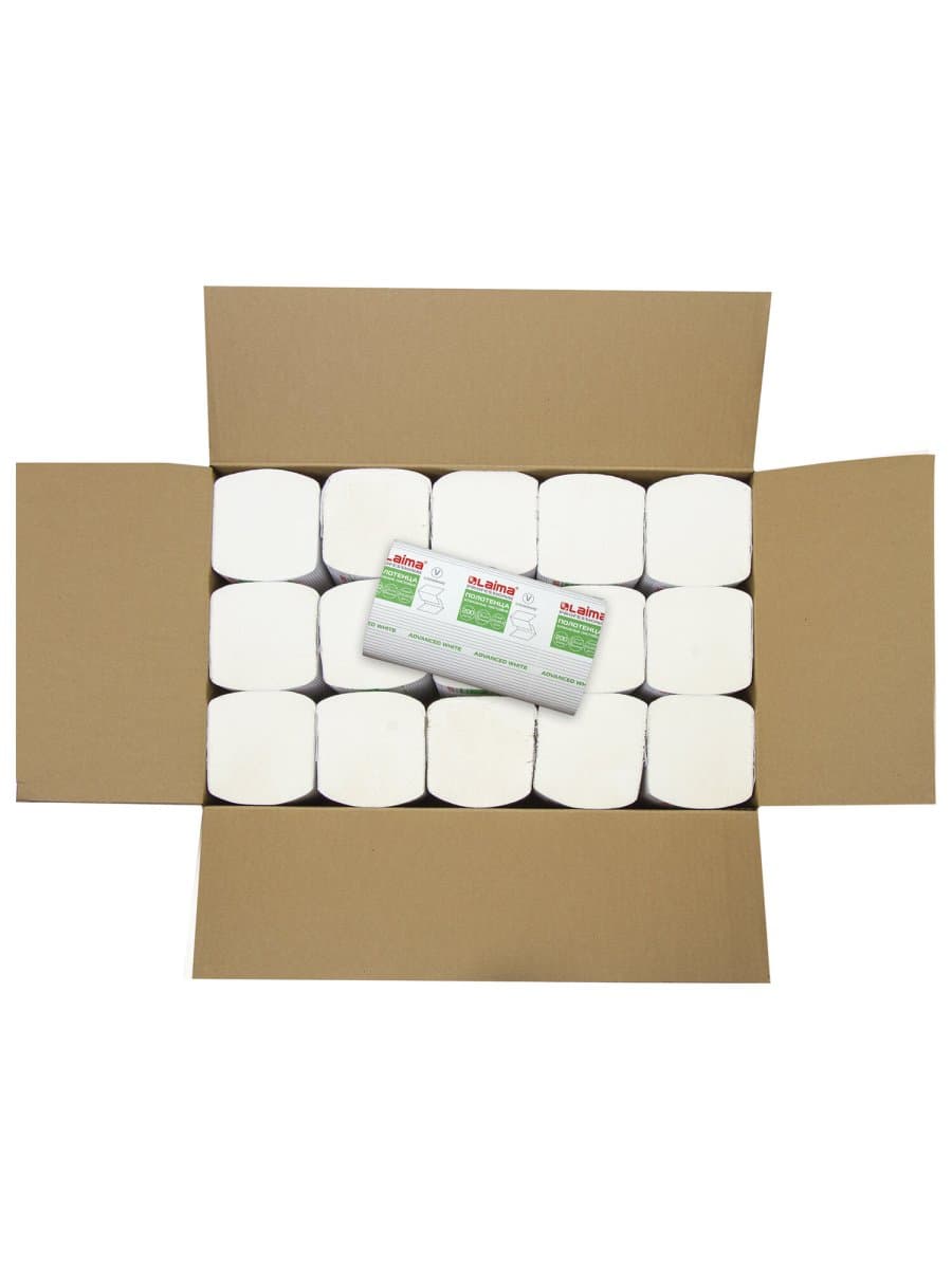 Полотенца бумажные 200 шт., LAIMA (H3) ADVANCED WHITE, 2-слойные, белые, КОМПЛЕКТ 15 пачек, 23х20,5, V-сложение, 111341
