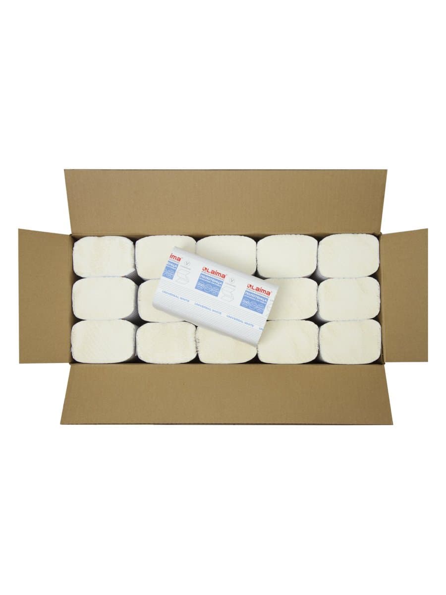 Полотенца бумажные 200 шт., LAIMA (H3) UNIVERSAL WHITE, 1-слойные, белые, КОМПЛЕКТ 15 пачек, 23x20,5, V-сложение, 111342