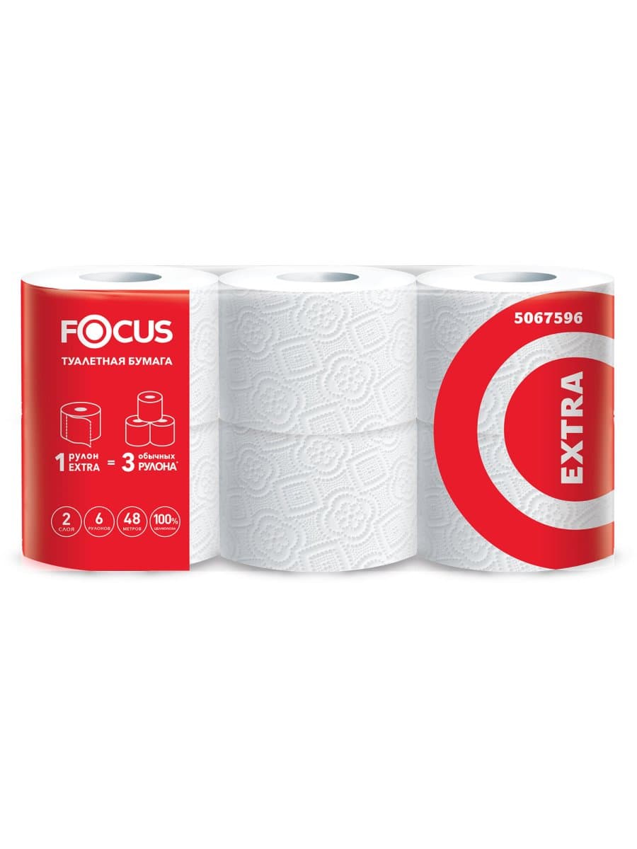Бумага туалетная, спайка 6 шт., 2-слойная (6х48 м) FOCUS Extra, белая, 5067596