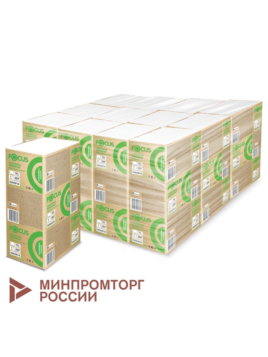 Полотенца бумажные 250 шт. FOCUS (Система H2) Eco, 1-слойные, белые, КОМПЛЕКТ 12 пачек, 24х21,5, Z-сложение, 5083814/5069958