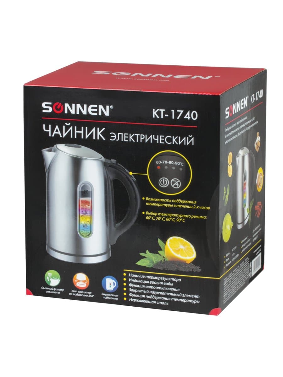 Чайник SONNEN KT-1740, 1,7 л, 2200 Вт, закрытый нагревательный элемент, терморегулятор, нержавеющая сталь, 453421