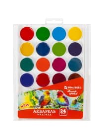 Краски акварельные BRAUBERG "МАГИЯ ЦВЕТА NEW", медовые, 24 цвета, круглые кюветы, пластиковый пенал, 192365