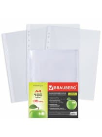 Папки-файлы перфорированные А4 BRAUBERG "PREMIUM", комплект 100 шт., гладкие, "Яблоко", 35 мкм, 221710