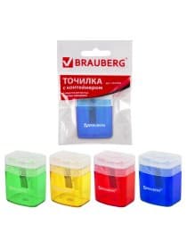 Точилка BRAUBERG "OfficeBox", с контейнером и крышкой, прямоугольная, в упаковке с подвесом, ассорти, 222494