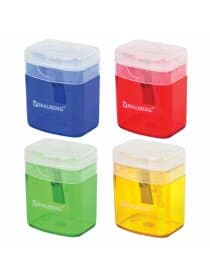 Точилка BRAUBERG "OfficeBox", с контейнером и крышкой, прямоугольная, в упаковке с подвесом, ассорти, 222494