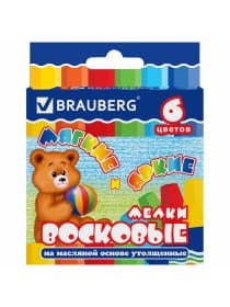 Восковые мелки утолщенные BRAUBERG, НАБОР 6 цветов, на масляной основе, яркие цвета, 222969