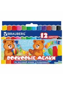 Восковые мелки утолщенные BRAUBERG, НАБОР 12 цветов, на масляной основе, яркие цвета, 222970