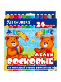 Восковые мелки утолщенные BRAUBERG, НАБОР 24 цвета, на масляной основе, яркие цвета, 222972