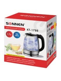 Чайник SONNEN KT-1788, 1,7 л, 2200 Вт, закрытый нагревательный элемент, стекло, черный, подсветка, 454349