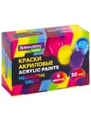 Краски акриловые НЕОНОВЫЕ для рисования и творчества 6 цветов по 20 мл, BRAUBERG HOBBY, 192438