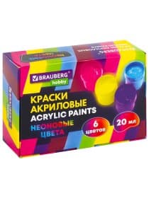 Краски акриловые НЕОНОВЫЕ для рисования и творчества 6 цветов по 20 мл, BRAUBERG HOBBY, 192438