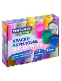 Краски акриловые для рисования и творчества 12 цветов по 20 мл (6 базовых + 6 с эффектами) BRAUBERG HOBBY, 192439