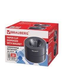 Скрепочница магнитная BRAUBERG с 30 скрепками, большой бочонок, черная, 225191