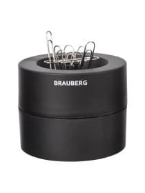 Скрепочница магнитная BRAUBERG с 30 скрепками, большой бочонок, черная, 225191