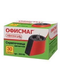 Скрепочница магнитная ОФИСМАГ с 30 скрепками, стильный корпус, красно-черная, 225192
