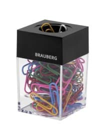 Скрепочница магнитная BRAUBERG со 100 цветными скрепками 28 мм, прозрачный корпус, 228401