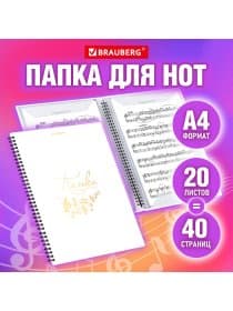 Папка-тетрадь для нот А4, 20 вкладышей на 40 страниц, на гребне, пластик, БЕЛАЯ, BRAUBERG, 404644